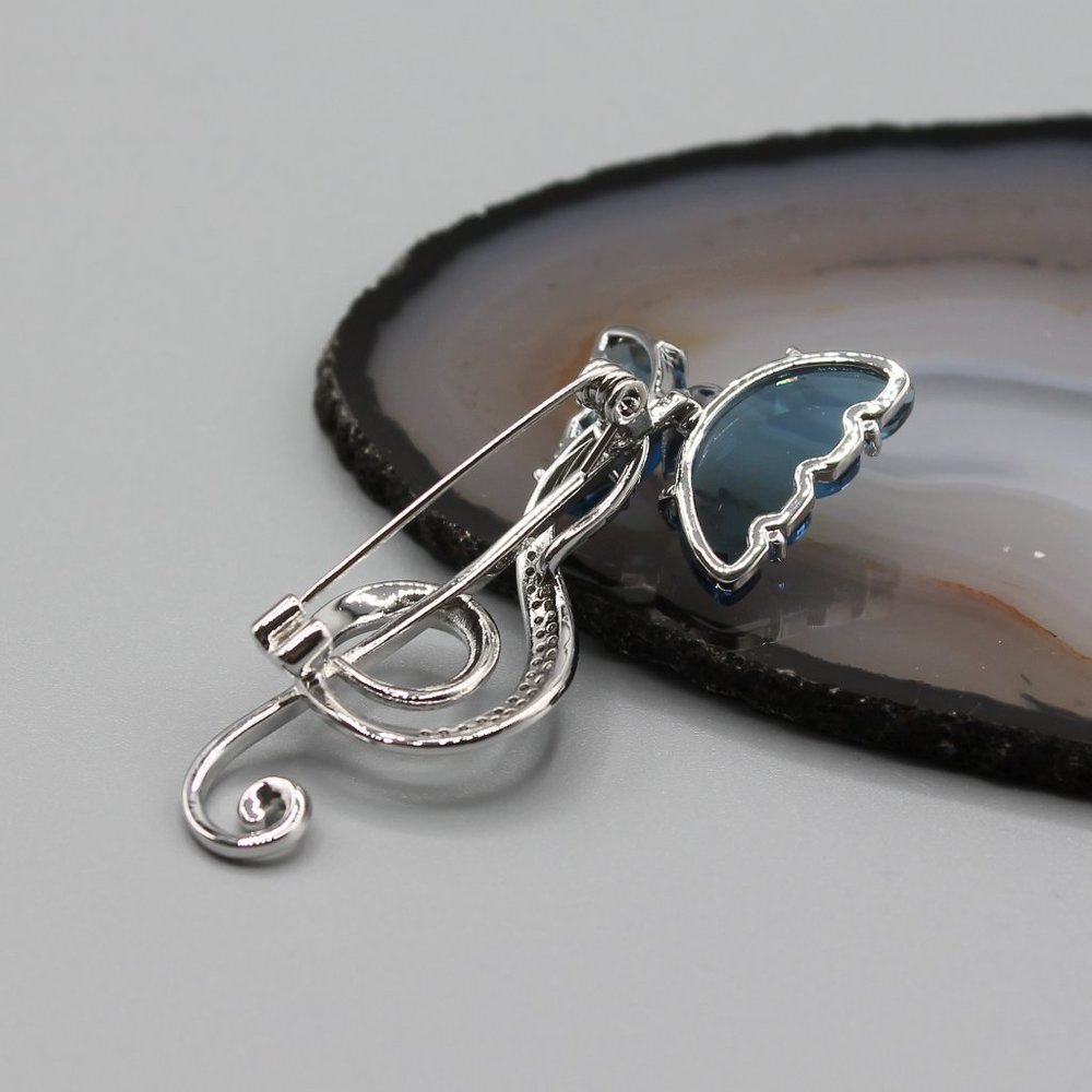 Jewelry pin brooch butterfly music note silver blue crystals elegant beautiful - Picture 5 of 10